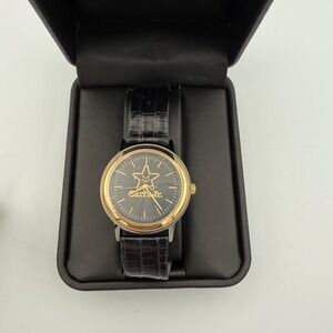 Carls Jr Watch Gold Tone Black Leather Strap Star Logo Analog Quartz Time Corp